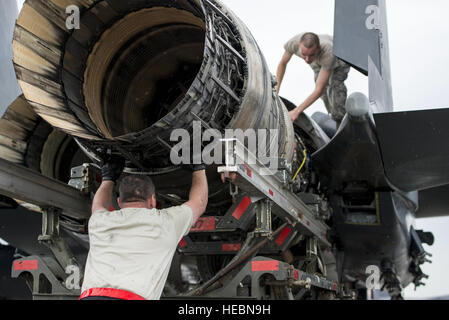 US Air Force Tech Sgt. Kevin Brown und Flieger 1. Klasse Collin Blackburn, sowohl Luft-und Antriebstechnik-Techniker zugewiesen, die 494 Aircraft Maintenance Unit aus der Royal Air Force Lakenheath, England, führen ein Motors in Ort auf eine F-15E Strike Eagle Doppel-Rolle Jagdflugzeug 8. Juni 2016, während rote Fahne-Alaska (RF-A) 16-2 Eielson Air Force Base, Alaska. Während RF-A, Wartungseinheiten arbeiten fleißig um Düsen trotz ein High-Operationen-Tempo durch die simulierte bereitgestellte Umgebung erstellt funktionsfähig zu halten Vorbereitung U.S. und Partner-Nation Kräfte für Einsätze. (US Air Stockfoto