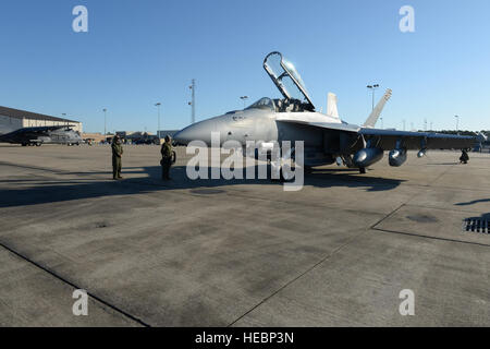 US Navy Air Wing Flugzeug Kapitäne von VAQ-135'schwarzen Raben,"Naval Air Station Whidbey Island, Oak Harbor, Washington, warten, um Start-Verfahren für eine EA - 18 G Growler für einen Einsatz bei der Bekämpfung der Readiness Training Center (CRTC) Flightline in Gulfport, Mississippi, während Übung Southern Strike 15 (SS15) 30. Oktober 2014 starten. SS15 ist eine Gesamtkraft, multiservice Trainingsübung, veranstaltet von der Mississippi National Guard CRTC, 27 Okt. bis 7. November 2014. Die SS15 Übung betont Luft/Luft-, Boden-Luft- und special Operations Forces Ausbildungsmöglichkeiten. Diese Ereignisse sind in Deman integriert. Stockfoto