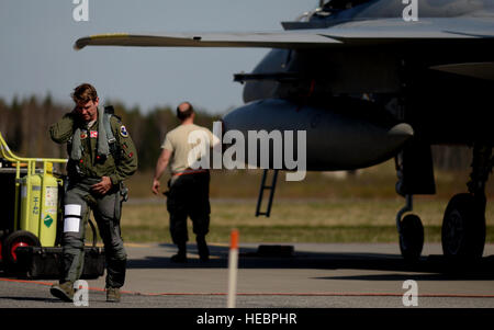 U.S. Air National Guard Oberstleutnant Jeff Beckel verlässt seine F - 15C Eagle nach der Landung Amari Luftwaffenstützpunkt in Estland zur Unterstützung der Übung Frühling Sturm Mai 4. Beckel ist Bestandteil der 131. Expeditionary Jagdstaffel hier mit dem estnischen Defense Force und polnische Luftwaffe, zur Verbesserung der Alliierten Luftoperationen und Interoperabilität in einer realistischen Trainingsumgebung zu fliegen. (Foto der US Air Force / techn. Sgt. Matthew Plew) Stockfoto