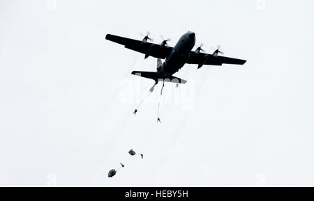 US-Armee Soldaten springen aus eine US Luftwaffe c-130 Flugzeuge während Betrieb Spielzeug fallen, Fort Bragg, N.C., 7. Dezember 2013. Die 16. jährlichen Randy Oler Betrieb Spielzeug Drop, veranstaltet von der US Army zivilen Angelegenheiten & psychologische Operation Command (Airborne), ist der größte in der Luft Mischbetrieb in der Welt wo Fort Bragg Fallschirmjäger und Alliierten Jumpmasters Spenden Spielzeug an Kinderheime und Sozialdienst Agenturen über die Gemeinde verteilt werden soll. (Foto: U.S. Air Force Senior Airman Kenneth W. Norman / veröffentlicht) Stockfoto