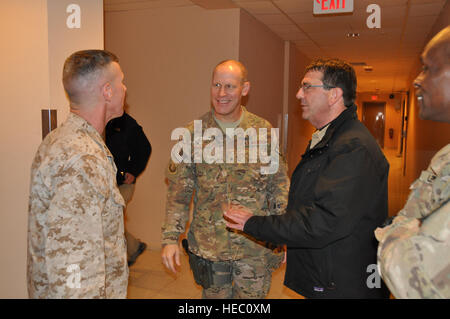 US Air Force Major General Patrick Malackowski, Mitte links, der Kommandant der 455. Air Expeditionary Wing und andere Service-Mitglieder sprechen mit Ash Carter, Mitte rechts, die US-stellvertretender Verteidigungsminister, bei Bagram Airfield, Afghanistan, 28. November 2013. (US Air Force Foto von techn. Sgt. Rob Hazelett/freigegeben) Stockfoto