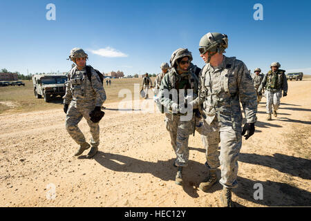 US Air Force Oberstleutnant Angela Thompson, Center, ein Gesundheits-Services-Administrator mit dem 18. Aeromedical Evakuierung-Geschwader, grüßt eine erweiterte Echelon Mitglied während der Joint Readiness Training Center 14-03 Bereich Training trainieren Sie im Fort Polk, Louisiana, 16. Januar 2014. Die Übung bietet Militäreinheiten und Personal mit realistischen Einsatzvorbereitenden Ausbildung Szenarien in allen Aspekten des bewaffneten Konflikts. (US Air Force Foto von Master Sergeant John R. Nimmo Sr./freigegeben) Stockfoto