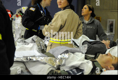 US Air Force major Jennifer Devenere, mit 673rd Medical Group, spricht mit einem Notfall medizinische Arbeiter ausüben während sie von ihrem Ehemann, eine simulierte Naturkatastrophen-Opfer steht 31. März 2014, während einer Evakuierung Bohrmaschine im Rahmen einer Mission Assurance, während glühender Sentry 2014 auf gemeinsamer Basis Elmendorf-Richardson, Alaska. Glühender Sentry ist ein NORAD und unter der Regie von US Northern Command USNORTHCOM Übung mit Schwerpunkt auf Verteidigung Unterstützung der zivilen Behörden als Reaktion auf simulierte Wetter, Sicherheit und Katastrophenschutz Eventualitäten. Während glühender Sentry in erster Linie eine Stabsrahmenübung, mehrere Fiel ist Stockfoto