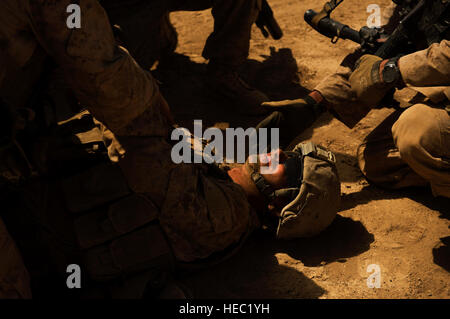 US-Marines mit dem 13. Marine Expeditionary Unit (MEU) Battalion Landing Team 1/4, bieten medizinischen Versorgung eine simulierte verletzte Marine während eines abgestürzten Fahrzeuges Trainings im Bereich Arta, Dschibuti, 5. November 2013. Mitglieder der MEU trainieren auf unterdrückerische Feuer Abschleppen eines abgestürzten Fahrzeuges ausweichen Feindberührung, und Lebensretter Fähigkeiten zu bekämpfen. (US Air Force Foto von Staff Sgt. Erik Cardenas/freigegeben) Stockfoto