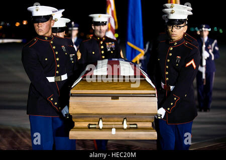 Ein Marinekorps Waffen Platoon trägt CPL. Jon-Luke Bateman Sarg während seiner würdigen Ankunft 25. Januar 2012, auf der Flightline auf Nellis Air Force Base, Nevada Bateman, 22 von Pahrump, Nevada, ein Infanterist, 2. Bataillon, 4. Marinen, 1. Marineabteilung, Camp Pendleton, Kalifornien zugewiesen wurde Er wurde getötet, während seiner Tätigkeit seine zweite Kampfeinsatz. Stockfoto