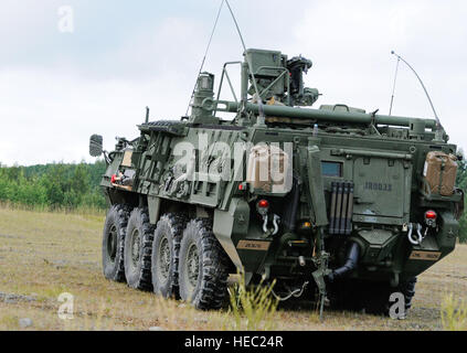 US-Soldaten, die 95. Chemical Company zugewiesen, 2. Ingenieur-Brigade sammeln Umweltproben aus in einem Stryker gepanzerte Fahrzeug speziell ausgestattet für nukleare, biologische und chemische Aufklärung während des Trainings in der Nähe von Neibar Drop-Zone am gemeinsamen Basis Elmendorf-Richardson, Alaska, 21. August 2012. (US Air Force Foto von Percy Jones/freigegeben) Stockfoto