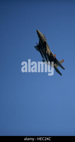 Eine F-15E Strike Eagle vergeht nach ein simulierter Luftangriff während Gunfighter Flag Übung 11. März 2014, am Saylor Creek Bombardierung Bereich in der Nähe von Mountain Home Air Force Base, Idaho. Die Bekämpfung Übung Gunfighter Flagge wurde entwickelt, um mehrere gemeinsame Vorbereitung und Koalition gemeinsame Terminal Angriff Controller Teams für zukünftige Bereitstellungen sowie Schulungen Kenntnisse für Flugzeugbesatzungen. (U.S. Air Force Photo/Flieger 1. Klasse Malissa Lott) Stockfoto