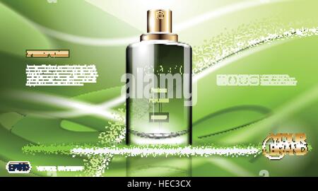Digitale Vektor Grünglas Parfüm für Männer Container Mockup, mit Ihrer Marke, bereit für anzeigen oder Magazingestaltung drucken. Transparent und Glanz, realistische Stock Vektor