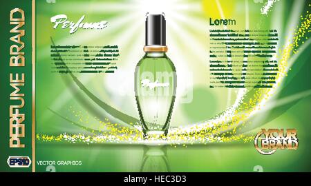 Digitale Vektor Grünglas Parfüm für Frauen Container Mockup, mit Ihrer Marke, bereit für anzeigen oder Magazingestaltung drucken. Transparent und Glanz, realist Stock Vektor