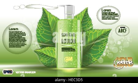 Digitale Vektor Grünglas Hautpflegelotion für Frauen Container Mockup und Blättern, mit Ihrer Marke, bereit für print-anzeigen oder Magazin-Design. Transparen Stock Vektor