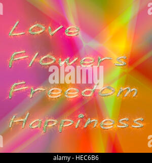 Liebe, Blumen, Freiheit, Glück Hippie Zitat aus Haar Stockfoto