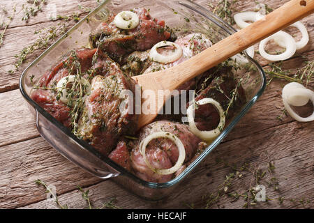 Rohes Fleisch in einer grünen Marinade mit Kräutern und Zwiebeln in einer Schüssel hautnah. horizontale Stockfoto