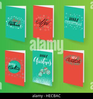 Satz von Weihnachten Broschüren Vorlagen. Vektor-Urlaub Kartensammlung. Handgezeichnete Schriftzug Elemente Stock Vektor
