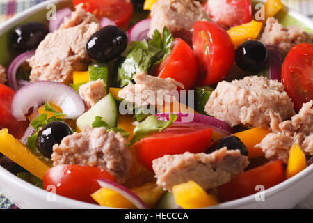 Gesunder Salat mit frischem Gemüse und Thunfisch in eine Schüssel-Makro. horizontale Stockfoto