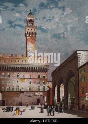 Der Palazzo Vecchio und die Loggia dei Lanzi, auch genannt die Loggia della Signoria sind Gebäude an einer Ecke der Piazza della Signoria in Florenz, Italien,, aus einem Holzschnitt von 1880, digital verbessert Stockfoto