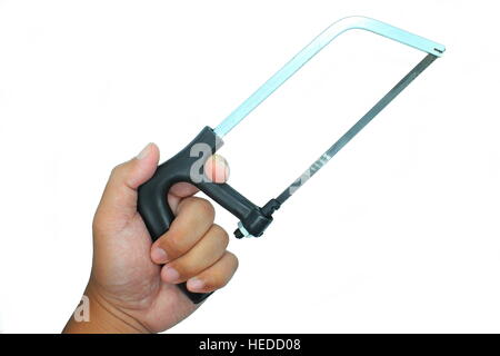 Im Besitz einer kleinen Hand sah isolierten auf weißen Hintergrund Stockfoto