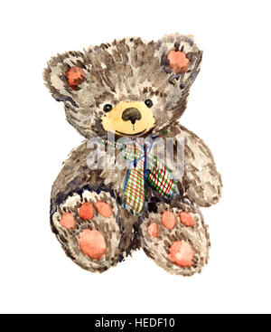 Süße braune Plüsch Teddy Bär mit Schal, isolierte Handgemalten Aquarell Abbildung Stockfoto