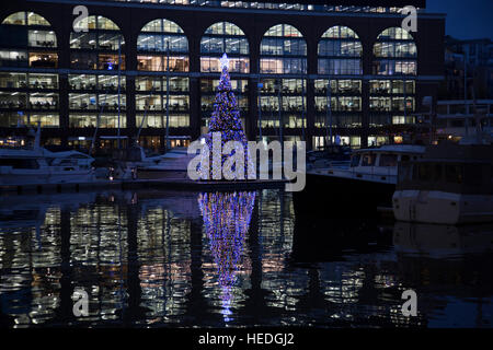 Weihnachtsbaum beleuchtet in der Nacht mit bunten Lichtern auf St. Katherine Docks in London, England, Vereinigtes Königreich. St. Katharine Docks in London Borough of Tower Hamlets waren eines der kommerziellen Docks, London, auf der Nordseite des Flusses dienen. Sie waren Teil des Londoner Hafens im Bereich jetzt bekannt als die Docklands und sind jetzt ein beliebtes Gehäuse und Freizeitkomplex. Hier ist es nun eine zentrale Anlegestelle für Boote und Yachten. Stockfoto