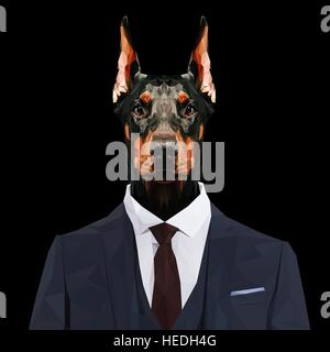Dobermann Hund Tiere verkleidet in dunkelblauen Anzug mit roter Krawatte. Business-Mann. Vektor-Illustration. Stock Vektor