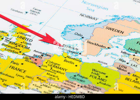 Roter Pfeil Dänemark Karte der Kontinent Europa Stockfoto
