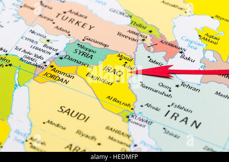 Roten Pfeil auf der Karte von Asien Kontinent Irak Stockfoto
