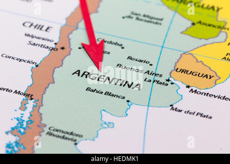 Roten Pfeil auf der Karte des Kontinents Südamerika Argentinien Stockfoto