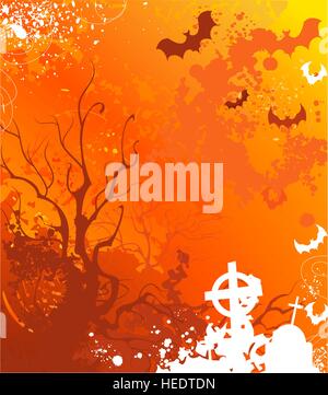 Hintergrund an Halloween mit vertrockneten Bäume und verlassene Gräber, bemalte leuchtend orange Farbe. Stock Vektor