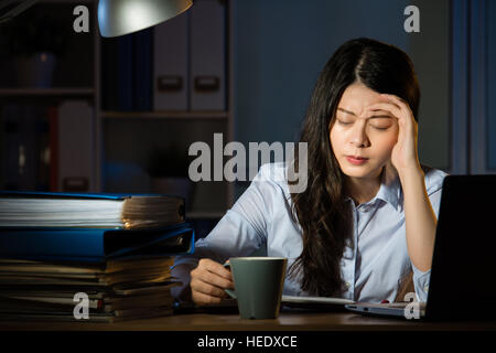 Asien-Geschäft Frau Kaffee trinken sitzen am Schreibtisch Kopfschmerzen Überstunden arbeiten spät in die Nacht. im Innenbereich Office-Hintergrund Stockfoto