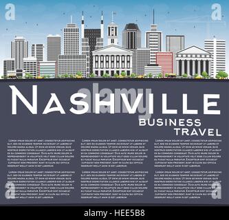Nashville Skyline mit grauen Gebäuden, blauer Himmel und Textfreiraum. Vektor-Illustration. Geschäftsreisen und Tourismus-Konzept mit moderner Architektur. Stock Vektor