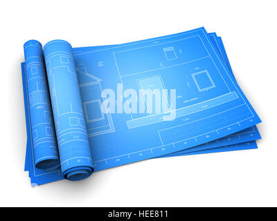 3D Abbildung des gerollten Baupläne des Hauses Stockfoto