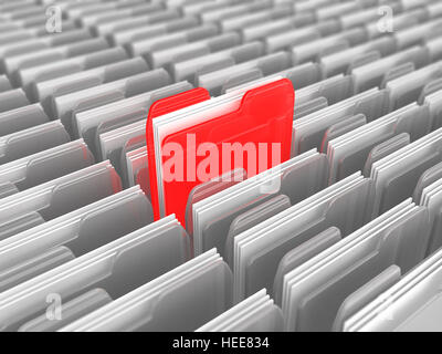 3D Darstellung der viele Ordner und einem roten, Suche Konzept Stockfoto