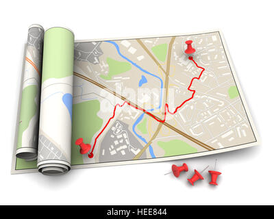 3D Darstellung der Stadtplan mit roten Route und pins Stockfoto