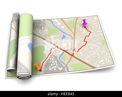 3D Darstellung der Karte mit route Stockfoto
