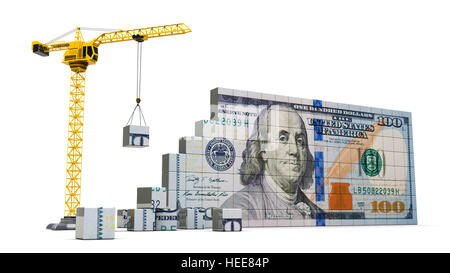 3D Abbildung des Krans mit hundert Dollar Stockfoto