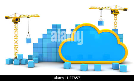 3D Illustration von zwei Kränen bauen Würfel Wand und Internet Zeichen Stockfoto