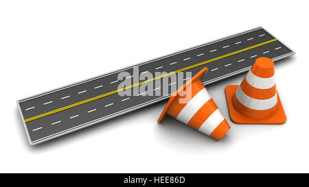 3D Abbildung des Straßen- und Zapfen auf weißem Hintergrund Stockfoto