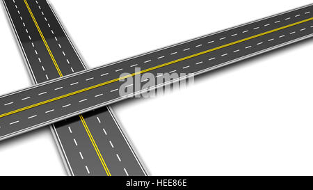 3D Illustration von zwei Straßen überqueren Sie die weißen Hintergrund Stockfoto