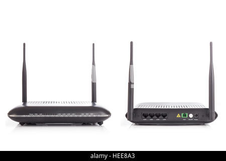 Neue schwarze Wireless Router isoliert auf weißem Hintergrund Stockfoto