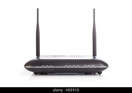 Neue schwarze Wireless Router isoliert auf weißem Hintergrund Stockfoto