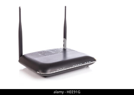 Neue schwarze Wireless Router isoliert auf weißem Hintergrund Stockfoto