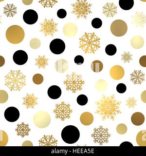 Musterdesign Weihnachten. Weihnachten oder Neujahr Tapete mit schwarzen und goldenen Kreise, Schneeflocken auf weißem Hintergrund. Kreative Ferien-Saison-Design. Hellen Vektor-Illustration. EPS 10 Stock Vektor