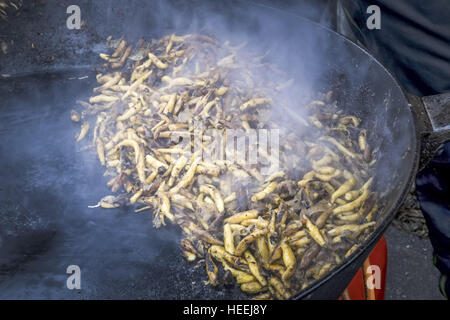 Gebackene Nudeln mit Sauerkraut in einer Eisenpfanne, Weihnachtsmarkt auf Gut Dietlhofen, Peter Maffay-Stiftung, Bayern, Deutschland Stockfoto