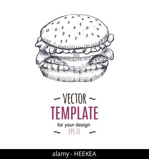 Vector Vintage Burger zeichnen. Handgezeichnete monochrome Fastfood Abbildung. Stock Vektor