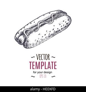 Vector Vintage Hot-Dog zeichnen. Handgezeichnete monochrome Fastfood Abbildung. Stock Vektor