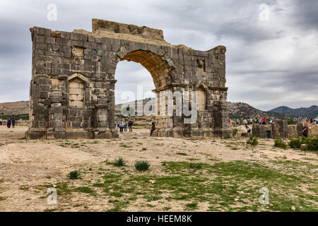 Bogen des Caracalla, römische Ruinen, Volubilis, Marokko Stockfoto