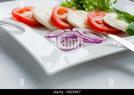 Eingerichtete Küche. Mozzarella-Käse-Salat. Stockfoto
