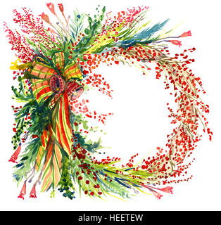 Weihnachts-Dekoration mit Baum Tannenzweigen, Beeren, Glocken und Bänder, Kreis Stockfoto