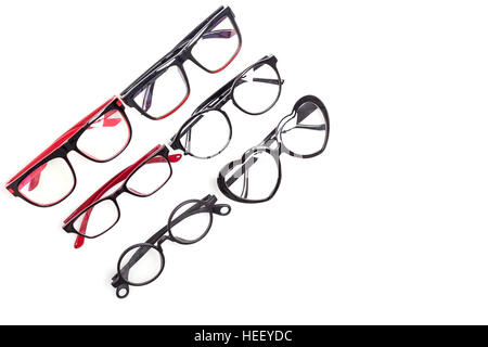 Schwarze Brillen isoliert auf weißem Hintergrund hautnah Stockfoto