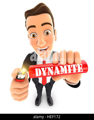 3D Geschäftsmann einen Stick Dynamit, Abbildung mit isolierten weißen Hintergrund Beleuchtung Stockfoto