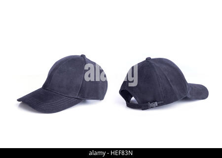 Neue schwarze Baseballkappe isoliert auf weißem Hintergrund hautnah Stockfoto